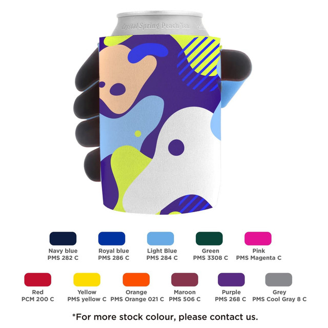 A drink bottle holder featuring a colourful abstract design in blue, purple, and yellow, with a black grip.