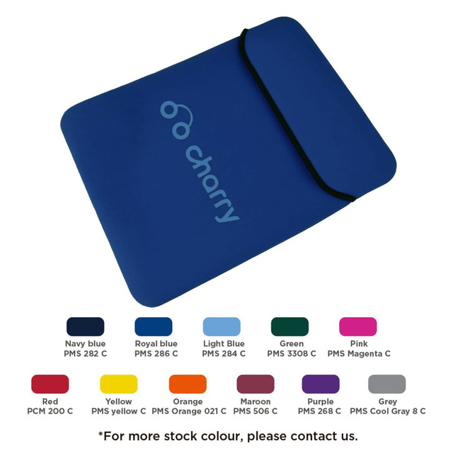 A blue tablet PC bag featuring a black flap and a logo. Available in various colours.