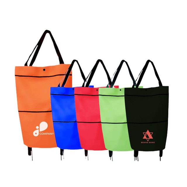 A collection of five collapsible shopping trolley bags in orange, blue, red, green, and black, each with a logo.