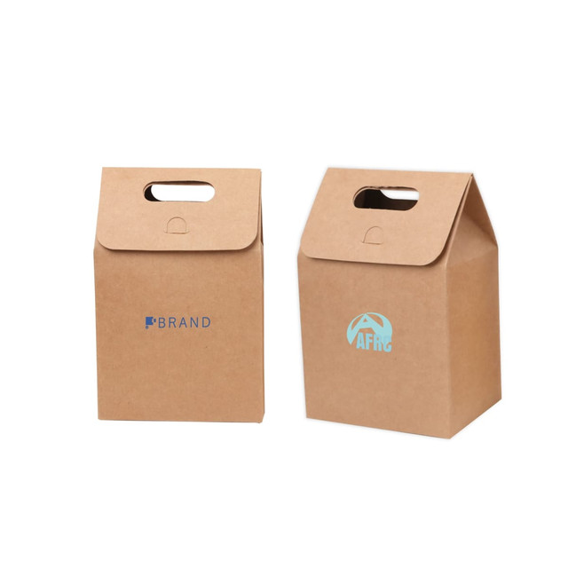 Two small kraft paper portable boxes in brown with different handle designs and printed logos.