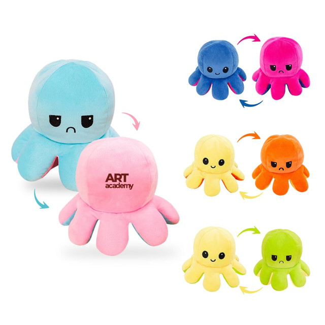 A large reversible plush octopus toy in blue and pink, with additional colours including yellow, orange, and green.