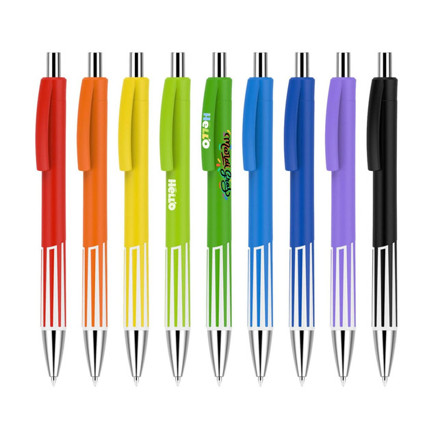 A set of plastic pens with colourful barrels in red, orange, yellow, lime green, green, blue, purple, and black. Each has a logo.