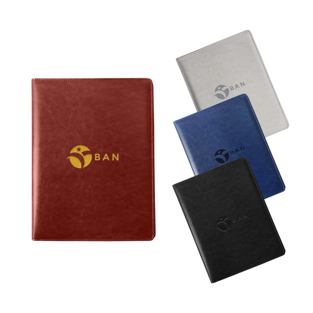 A4 Business Compendium available in maroon, silver, blue, and black, featuring a logo on the front.