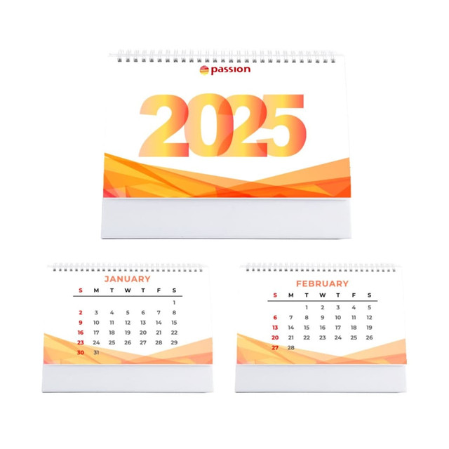 A desk calendar featuring a vibrant orange and yellow design with months displayed for January and February 2025.