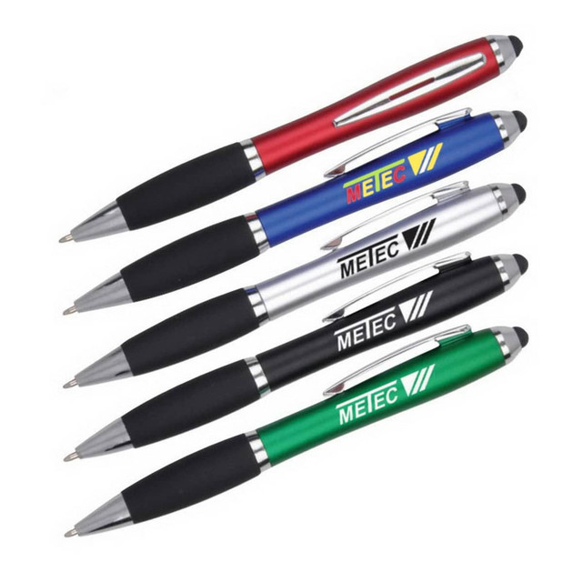 A set of stylus pens in red, blue, black, and green with silver accents and black grip sections. Each pen has a logo.
