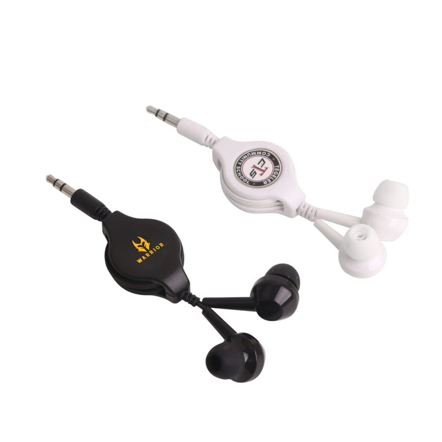 Retractable earbuds headset in black and white, featuring a logo on the black version.