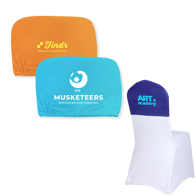 Half chair covers in orange, turquoise, and blue, featuring logos for different organisations. Half chair covers in orange, turquoise, and blue, featuring logos for different organisations.