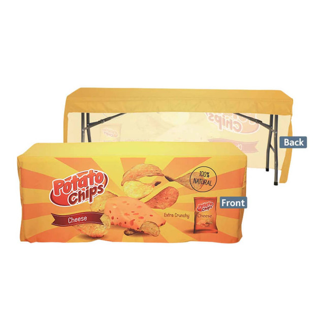 A fitted table cloth for an 8ft table, featuring a vibrant yellow design with a potato chips theme and logos.