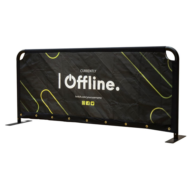 A black sidewalk café barrier featuring a branding logo and eye-catching graphics in green and white. A black sidewalk café barrier featuring a branding logo and eye-catching graphics in green and white.
