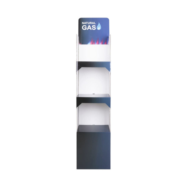 A three-tier cardboard floor display in black and blue, featuring a top panel with a logo.