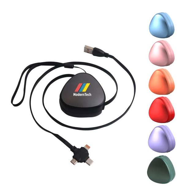 A portable, triangular charging cable in black with a lanyard, featuring multiple coloured connectors including blue, pink, red, and purple.