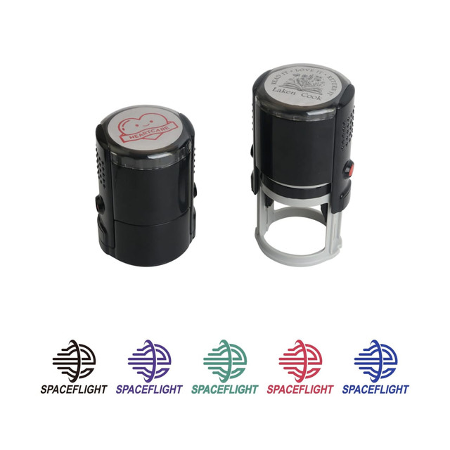 A black custom self-inking stamp with a circular top, featuring a heart design and a logo.