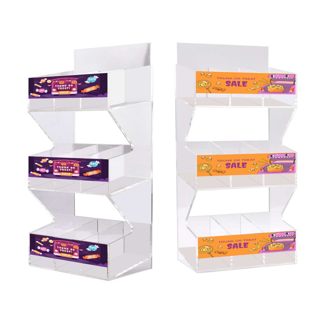 A three-level acrylic display with clear shelves and colourful promotional panels on each level.