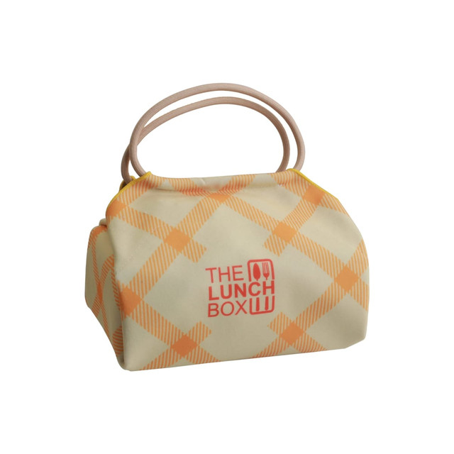 A patterned lunch box bag in cream and orange with two handles, featuring a logo on the front. A patterned lunch box bag in cream and orange with two handles, featuring a logo on the front.
