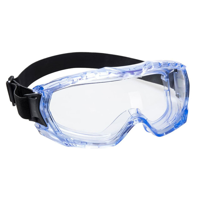 A pair of clear safety goggles with a blue frame and a black adjustable strap.