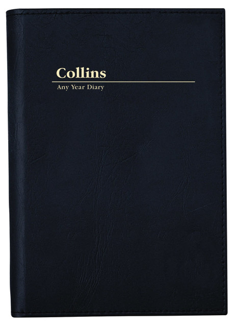 A black A4 diary with a textured cover featuring a gold-stamped title and a logo.
