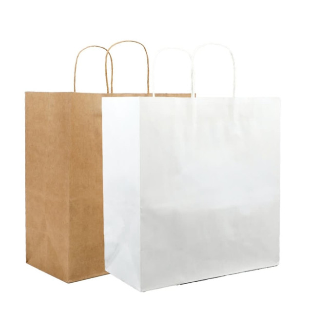 Two shopping bags are displayed side by side: one brown kraft paper bag and one white paper bag, both with handles.