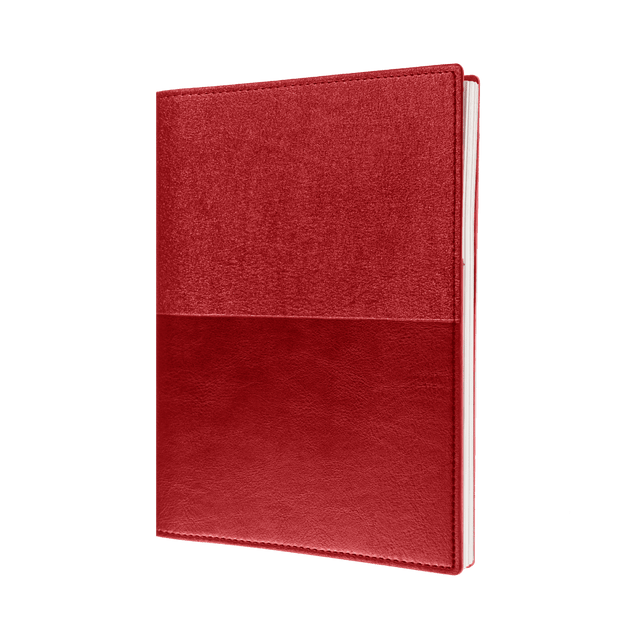 A red A5 ruled notebook with a textured upper section and smooth lower section. It features a logo on the cover. A red A5 ruled notebook with a textured upper section and smooth lower section. It features a logo on the cover.