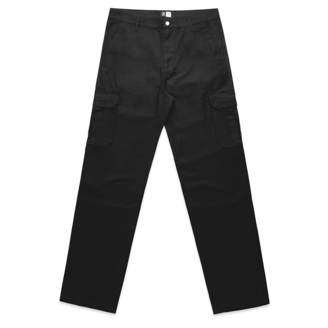 Utility cargo pants in black featuring multiple pockets and a straight-leg design, with a logo on the waistband.