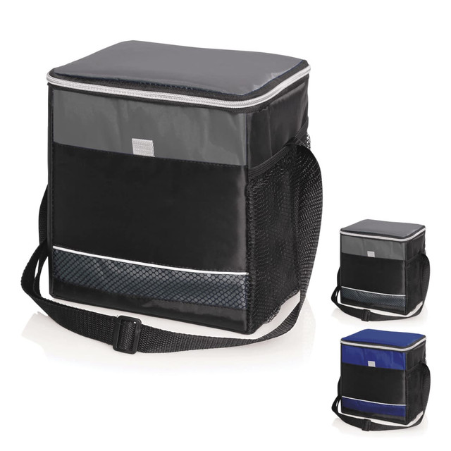 A cooler bag in black with grey accents, featuring a mesh pocket and a strap for easy carrying. It has a logo.
