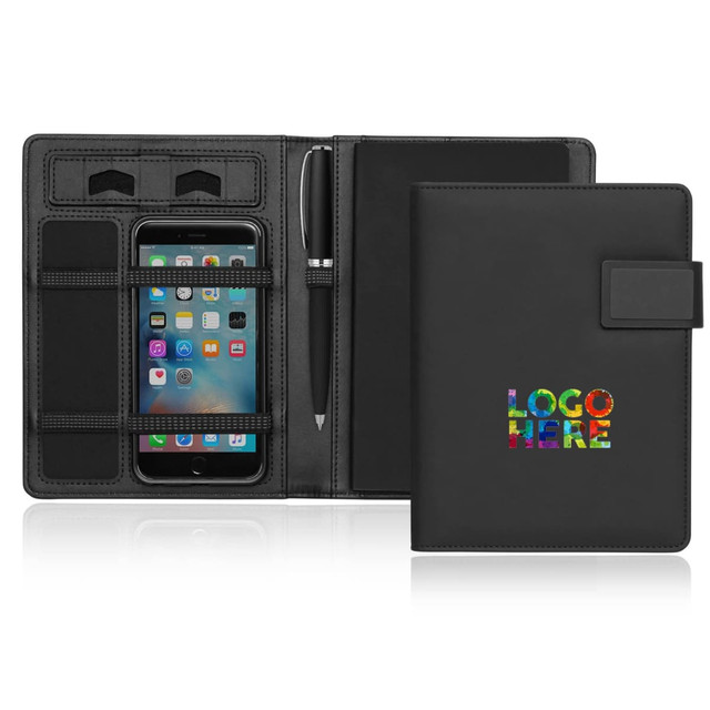 A black A5 journal with a magnetic closure features phone storage, card slots, and a pen. Includes a logo. A black A5 journal with a magnetic closure features phone storage, card slots, and a pen. Includes a logo.