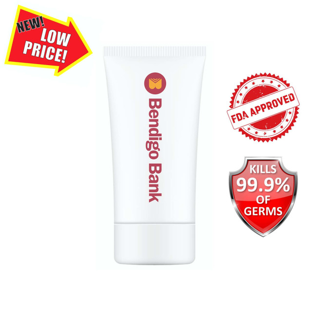 A white 60ml tube of hand sanitiser gel features a logo and claims to kill 99.9% of germs.