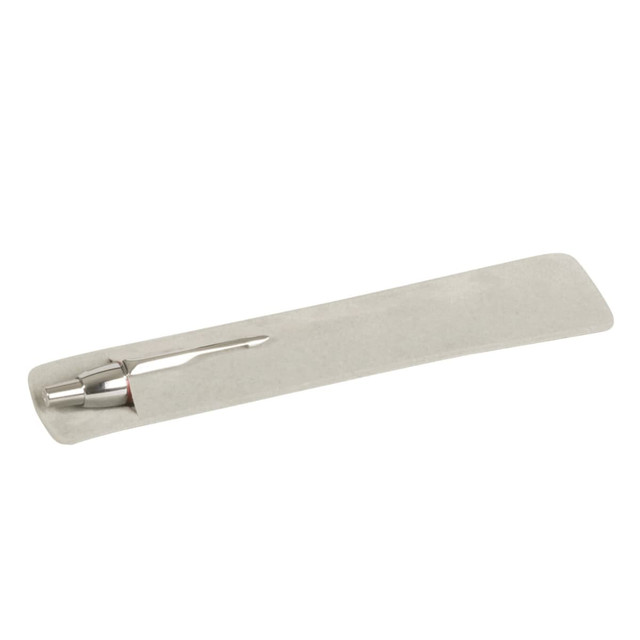 A velvet pen pouch in light grey, containing a silver pen, featuring a logo.