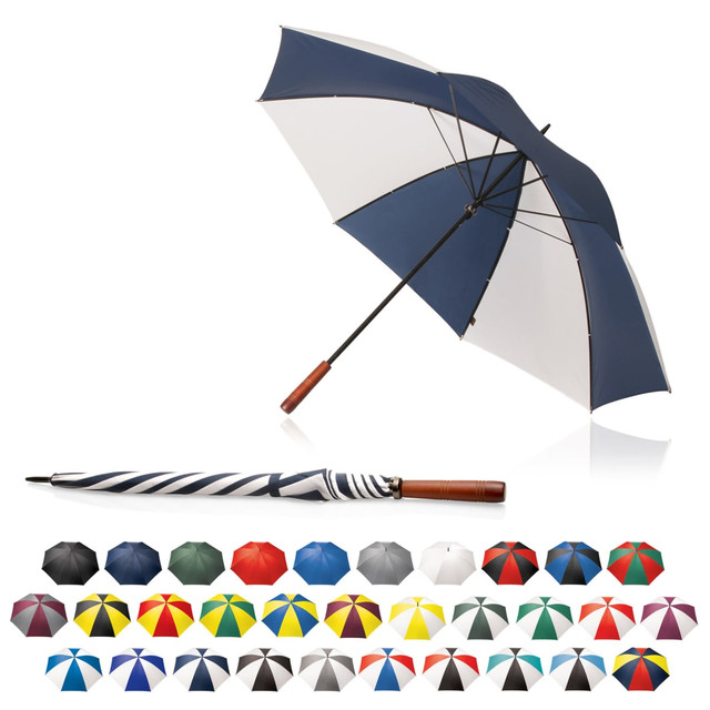 A 75cm two-tone umbrella with a navy and white canopy, featuring a curved wooden handle and various colour options below. A 75cm two-tone umbrella with a navy and white canopy, featuring a curved wooden handle and various colour options below.