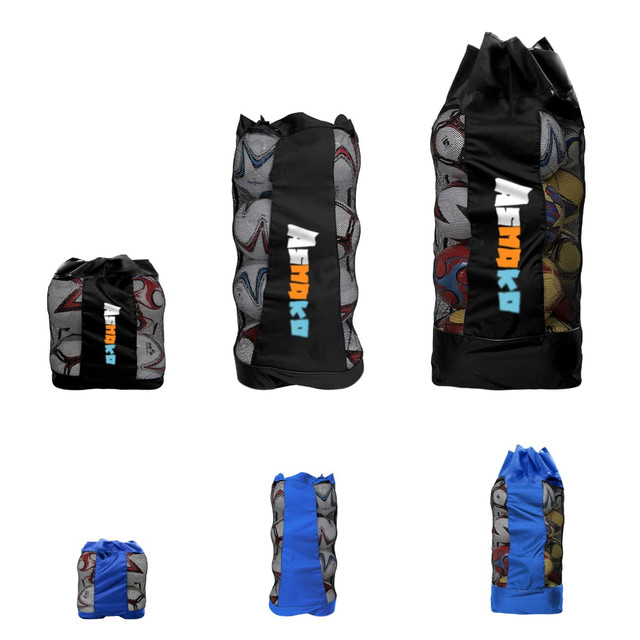 A black and blue drawstring mesh ball bag with a patterned design and multiple sizes displayed. It has a logo.
