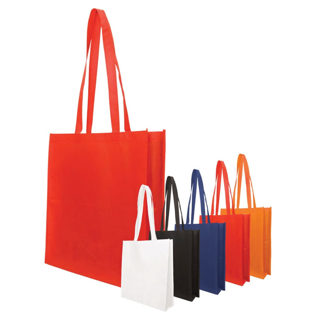 A selection of non-woven bags in red, white, black, blue, and orange, featuring long handles and gussets.