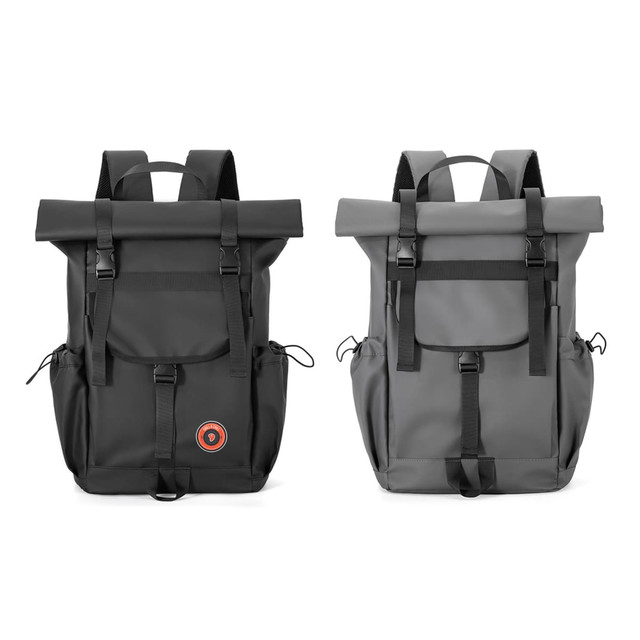 A polyurethane roll-top backpack in black and grey with adjustable straps and multiple pockets. It features a logo.