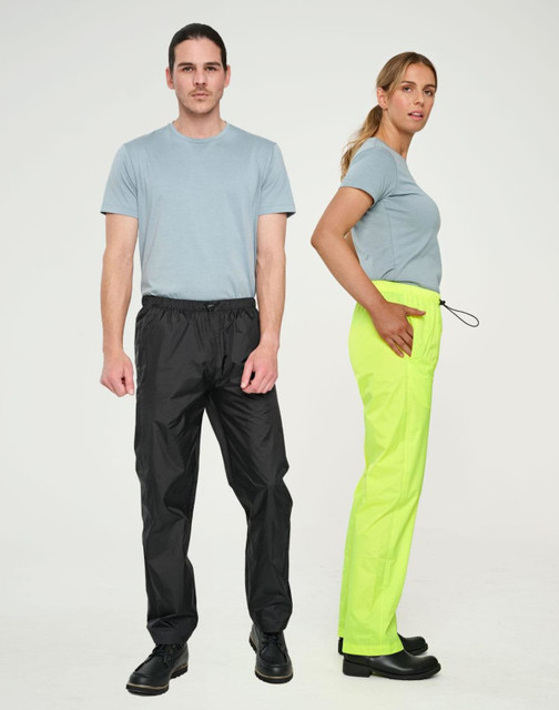 Lightweight nylon waterproof rain pants in black and bright yellow, displayed on models wearing casual grey t-shirts.