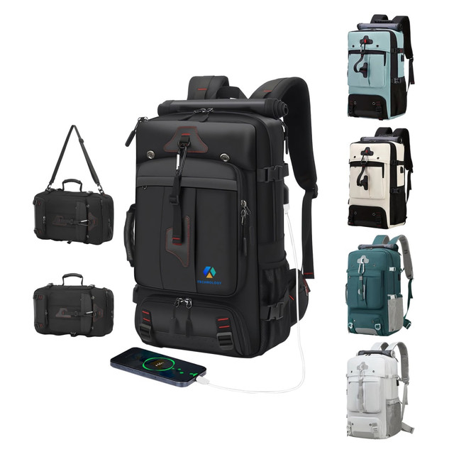 A convertible backpack and duffel bag in various colours, featuring multiple compartments and a charging port.