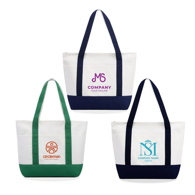 Three large canvas tote bags featuring white fabric with green, navy, and orange accents, each with a logo.