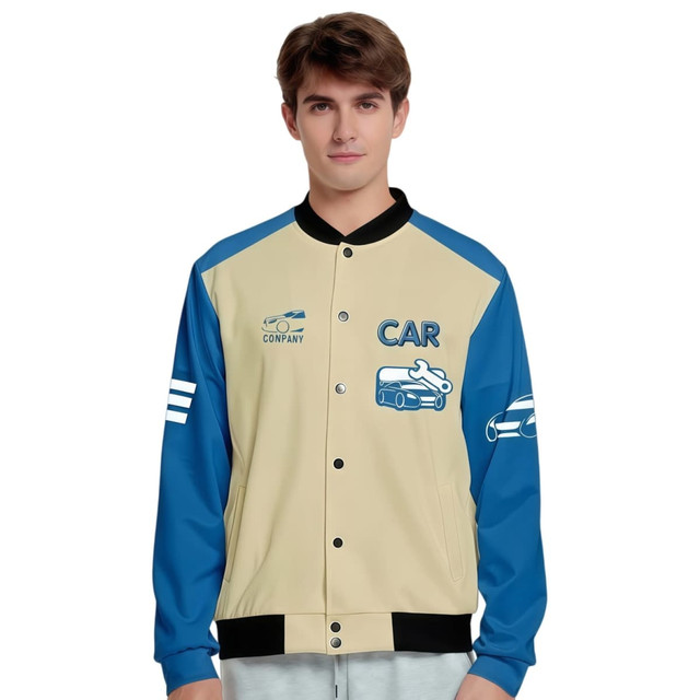 A unisex polyester varsity jacket featuring a cream and blue design with graphics and a logo.