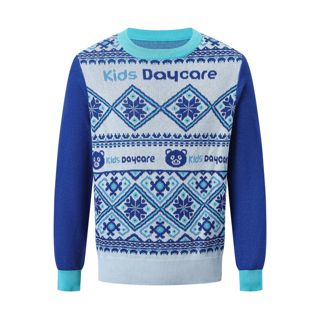 A blue and light blue unisex acrylic cotton jacquard sweater with a festive pattern and a logo.