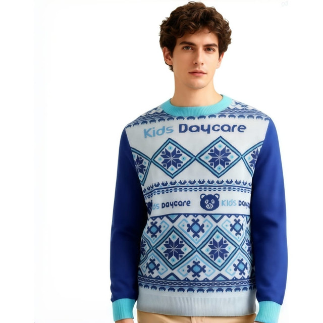 A unisex sweater in blue and light blue with a festive jacquard pattern and a logo.
