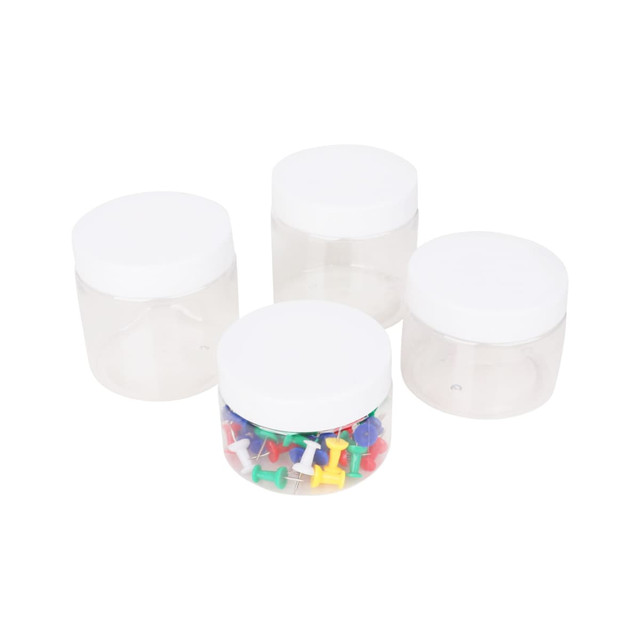A set of four clear round containers with white lids, one filled with assorted colourful push pins.