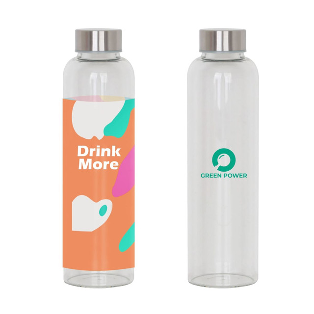 A drink bottle featuring a transparent design, a stainless steel lid, and a colourful patterned label.