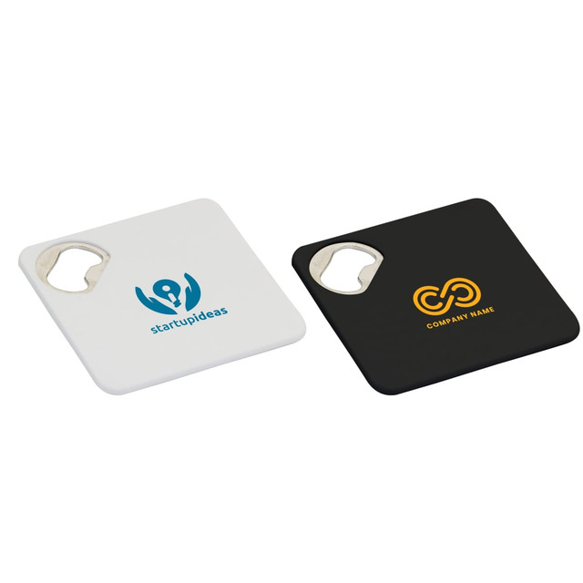 A drink bottle opener coaster in white and black with logos, featuring a bottle opener cutout on one corner.