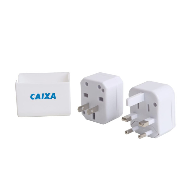 A white travel adapter set with two different plug types and a storage case, featuring a logo.