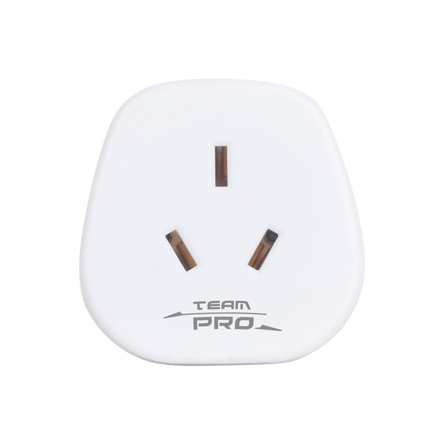 A white universal travel adapter featuring three prongs and a brand logo at the bottom.