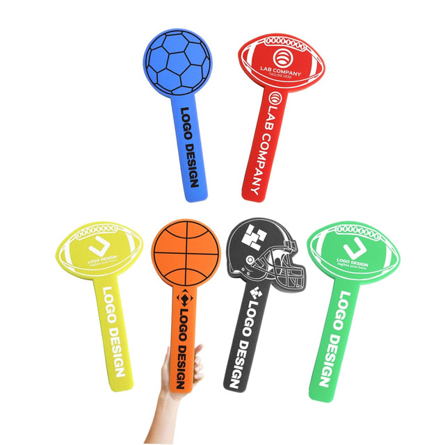 A collection of sponge ball cheer sticks in blue, red, yellow, orange, green, and black, featuring various sports designs.