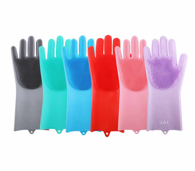 Silicone cleaning gloves in various colours: grey, teal, blue, red, pink, and purple, featuring textured surfaces.