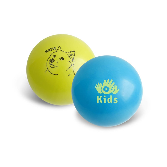 Two inflatable PVC balls in vibrant colours: one yellow with a dog illustration, and one blue featuring a "Kids" design and logo.