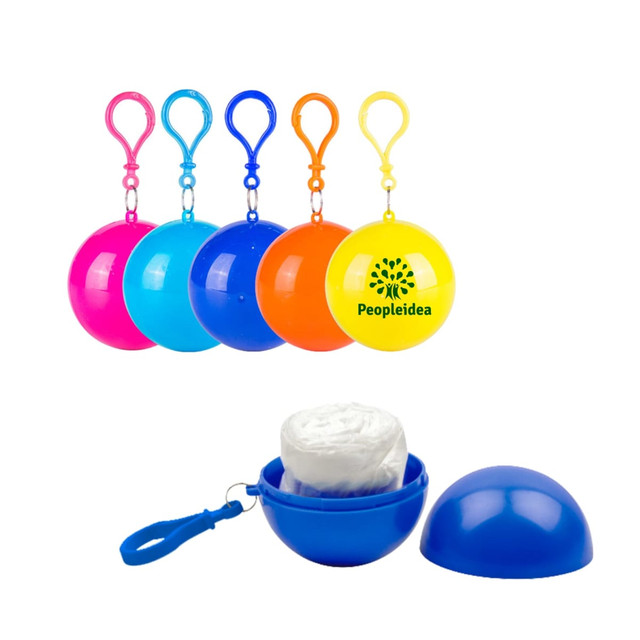 A set of colourful round containers in pink, blue, orange, and yellow, each containing a folded rain poncho.