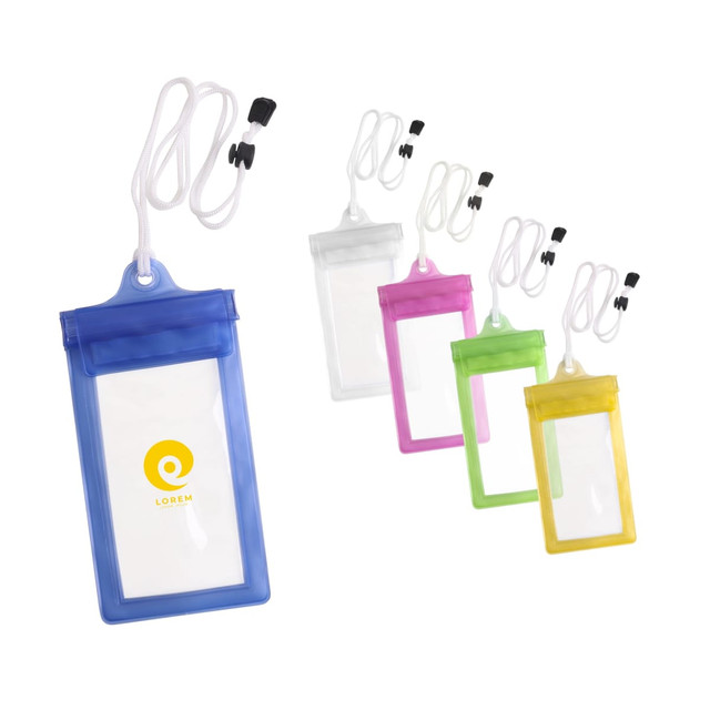 A set of waterproof phone bags in blue, clear, pink, green, and yellow, each with a neck string and logo.