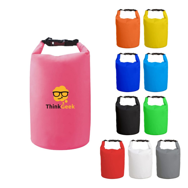 A pink waterproof dry bag with a logo, surrounded by dry bags in orange, yellow, blue, teal, black, green, and white.
