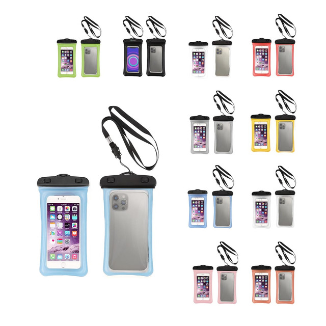 A collection of waterproof cellphone dry bags in various colours, featuring transparent fronts and adjustable straps.