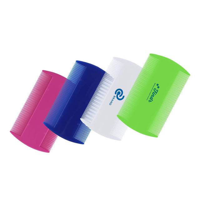 A set of four pet flea combs in pink, blue, white, and green, featuring various branding logos.
